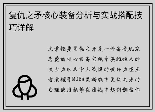 复仇之矛核心装备分析与实战搭配技巧详解